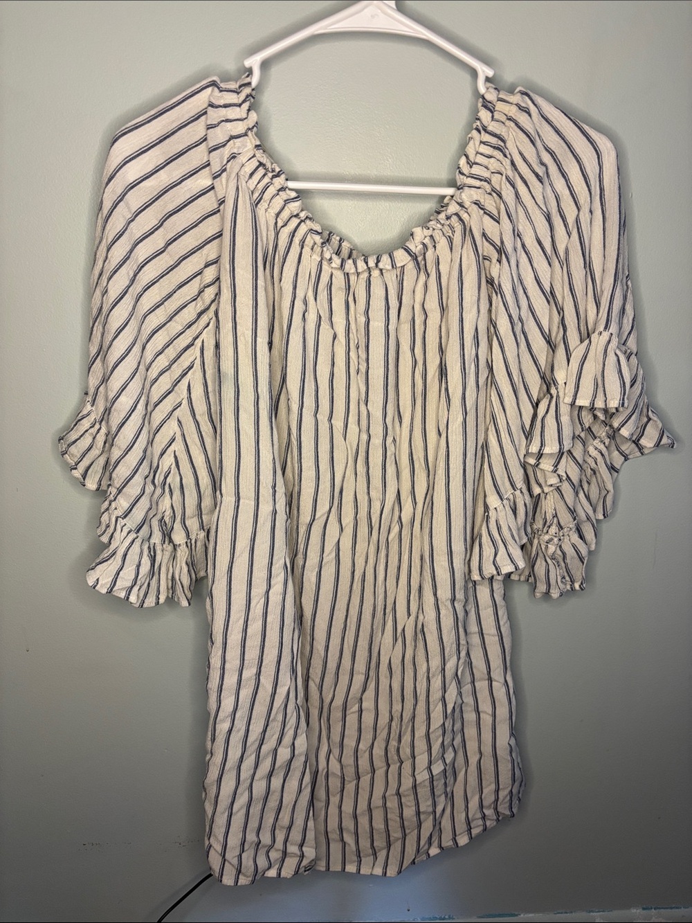 American Eagle Off-Shoulder Top - White with Navy Stripes